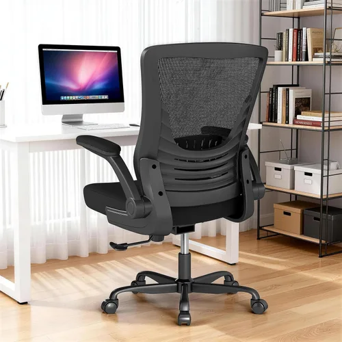 Vista 2 de Silla de oficina ergonómica, cómoda silla de escritorio de malla con reposabrazos abatibles y ruedas de rodadura suave, silla de computadora