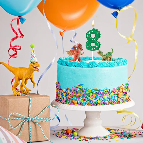 Vista 5 de TOYMIS Velas con números de cumpleaños, velas de dinosaurio de 2.8 pulgadas, velas de cumpleaños para tartas, velas de dinosaurio, decoración