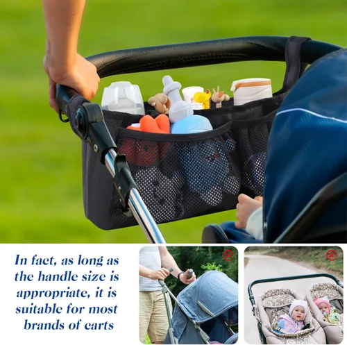Vista 6 de Organizador de cochecito con portavasos aislado, organizador universal para cochecito de bebé, bolsillos con cremallera para teléfono, correas