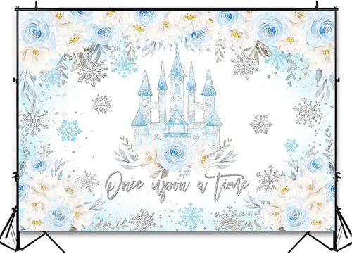 Vista 3 de Avezano Once Upon A Time - Fondo de invierno con temática de copos de nieve y castillo de princesa, cumpleaños, baby shower, boda, decoración