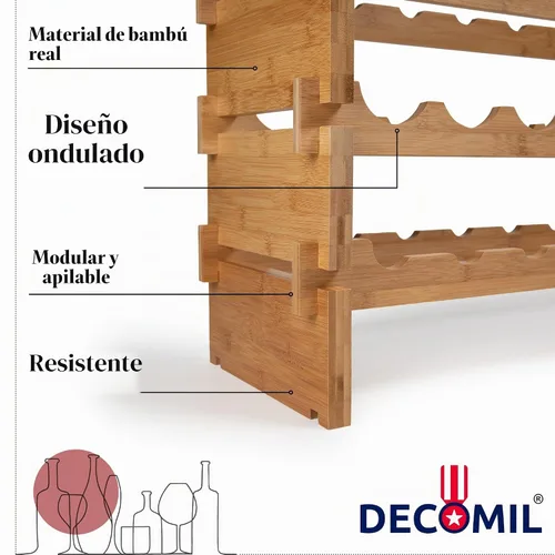 Vista 3 de DECOMIL - Estante de vino grande para 36 botellas, estante apilable y modular para almacenamiento de vino, estantes de exhibición de bambú sólido