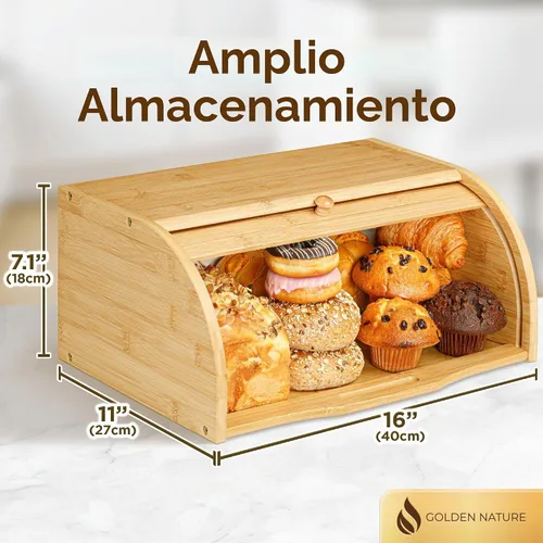 Vista 2 de Caja de pan de bambú para encimera de cocina, gran contenedor de alimentos de madera con tapa enrollable, vintage, para guardar bagels, muffins