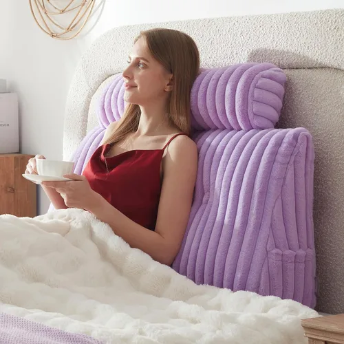 Vista 22 de Almohada de cabecero + Una almohada larga de cuello enrollado Almohada para el cuerpo, almohada de cuña de cabecero de pelo sintético con funda Beige