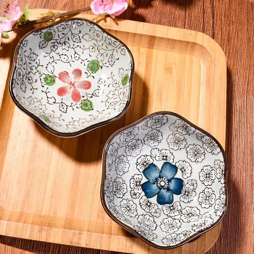 Vista 2 de Juego de 4 cuencos japoneses de cerámica en forma de flor, platos pequeños de 4 pulgadas para salsa de soja, condimentos, sushi, aperitivos