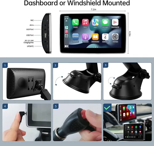 Vista 6 de Pantalla portátil de 7 pulgadas para Apple Carplay y Android Auto para coche, Apple CarPlay Dash Mount Pantalla de coche
