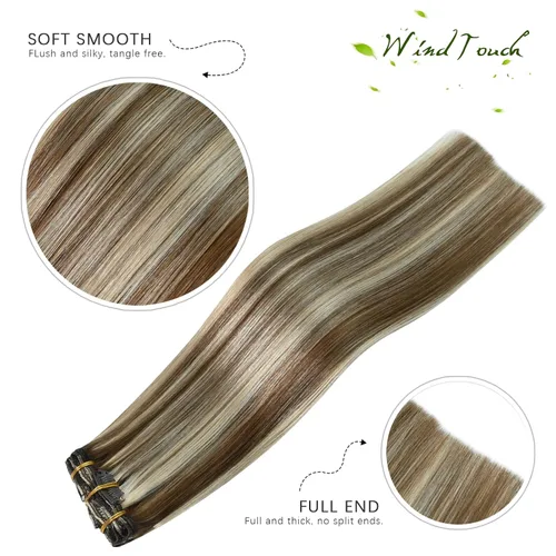 Vista 43 de WindTouch - Extensiones de cabello humano real con clip, color marrón claro a rubio con reflejos #6P613, 22 pulgadas, 4.33 onzas, 7 piezas #6p613