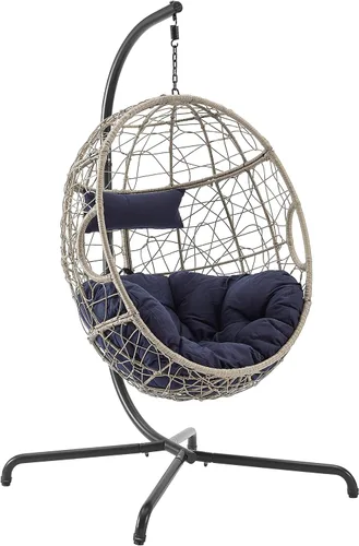 Vista 2 de Ulax Furniture - Silla colgante de mimbre para exteriores, con soporte, para patio, hamaca de ratán, con cojín suave y esponjoso