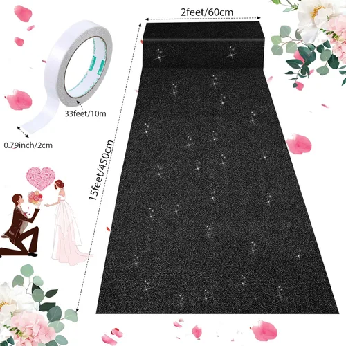 Vista 3 de Shihanee Alfombra de pasillo de lentejuelas para boda, alfombra con purpurina con cinta de alfombra, brillante, para baile de graduación, Negro