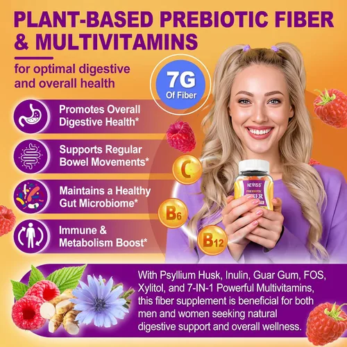 Vista 4 de 1 Paquete de Gomitas de Fibra para Adultos con Cáscara de Psyllium, 7G (Fibra Prebiótica Soluble + Insoluble) Diaria con Inulina, FOS, Goma de Guar