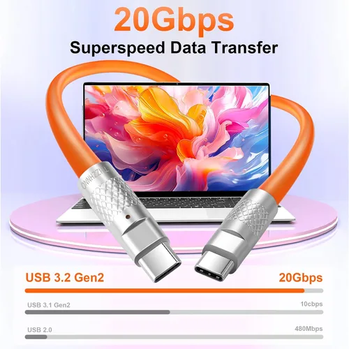 Vista 2 de Cable USB C 3.2 Gen2 de silicona de 3.3 pies, ultra flexible y suave, USB C de 20 Gbps 4K a 60 Hz, carga rápida, 100 W, cable tipo C