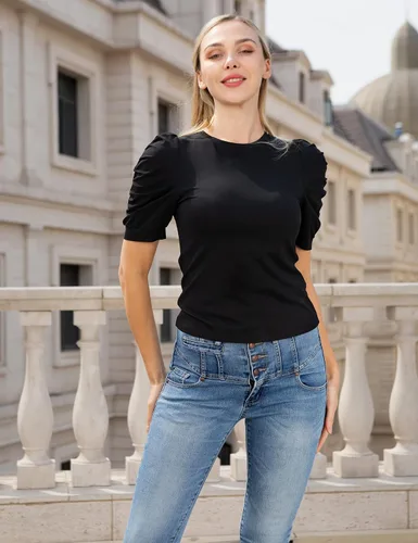 Vista 4 de SDEER - Camiseta básica de manga abombada para mujer, cuello redondo, manga corta, ajustada, blusas