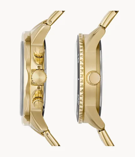 Vista 3 de His and Her - Juego de reloj multifunción de acero inoxidable en tono dorado Oro