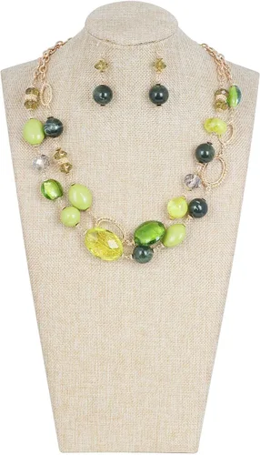 Vista 2 de COIRIS Women's Beaded 2 Layer Strand Statement Necklace with Earrings Collar Jewelry Set (N0003)