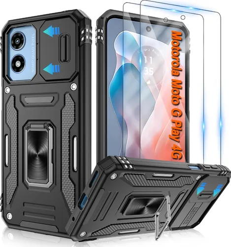 Vista 15 de Atump Funda para Motorola Moto G Play 2024 (4G) con [paquete de 2] protector de pantalla HD y cubierta para cámara deslizante, soporte de anillo