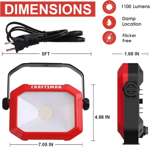 Vista 2 de CRAFTSMAN Luz de trabajo portátil inclinable LED de 1100 lúmenes 4000K en rojo con soporte giratorio de metal ajustable 2 en 1 y asa, lente