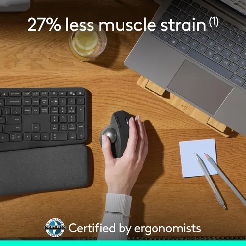 Vista 4 de Logitech MX Ergo S Mouse de trackball inalámbrico avanzado, ratón inalámbrico ergonómico recargable por USB-C con Bluetooth y dongle cifrado, 6
