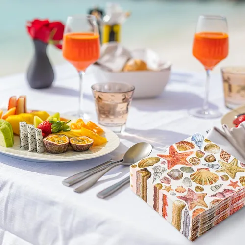 Vista 5 de AnyDesign 80 servilletas de papel de concha de mar, servilletas de almuerzo de concha de océano tropical para verano, postres náuticos, cena