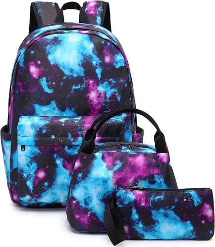 Vista 8 de Juego de mochila de lona impermeable Galaxy para laptop de 14 pulgadas, mochila escolar universitaria con lonchera y estuche para lápices