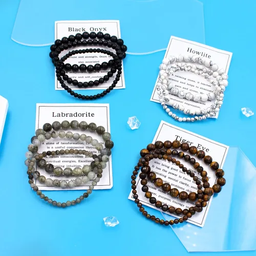 Vista 5 de Ronglry 3 pulseras de piedra natural para mujeres y hombres, pulseras de cuentas de cristal curativo, amatista espiritual, cuarzo rosa, chakras