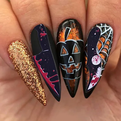 Vista 9 de 12 dijes de uñas de Halloween para uñas acrílicas, cuchillo de sangre de terror 3D, tijeras, hacha, dijes de Halloween para uñas, cuchillos 12