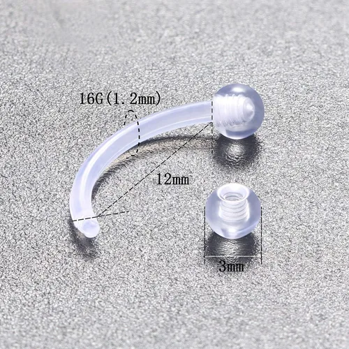 Vista 4 de 16G - Piercing de plástico transparente para cejas, ojos de serpiente, lengua, acrílico, bioflex, cartílago, hélix, tragus, pezón, vientre, labio