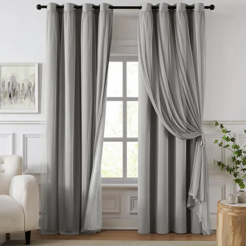 Vista 21 de cortinas 100% opacas para dormitorio, cortinas rosadas de doble capa, cortina oscura de 96 pulgadas de largo con superposición transparente
