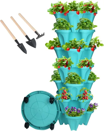Vista 34 de GameXcel Torre de maceta vertical, macetas apilables de 3 niveles con ruedas y herramientas de jardín, macetas para plantas de fresa, hierbas