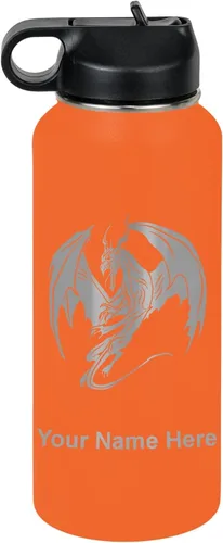 Vista 54 de LaserGram Botella de agua con tapa abatible de doble pared de 12 onzas con pajilla, dragón, grabado personalizado incluido (negro)