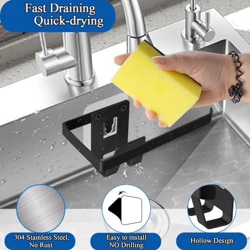 Vista 3 de GAViA Soporte de esponja para fregadero de cocina, colgador de esponja y paño de cocina, adhesivo a prueba de óxido, acero inoxidable 304, sin Negro