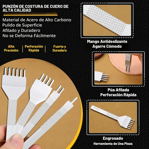 Vista 6 de Juego de herramientas de perforación de costura de cuero, punzón de 4 mm, punzón de 1/2/4/6 puntas, punzón redondo para cinturón, correa de reloj