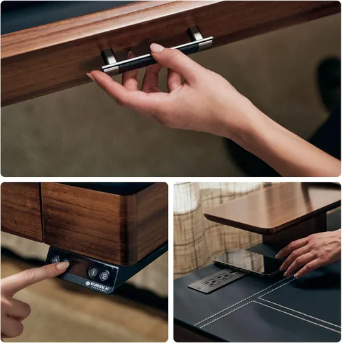 Vista 5 de EUREKA ERGONOMIC Escritorio eléctrico ajustable de cuero, escritorio ejecutivo de pie de 55 pulgadas de altura con cajones, estación de trabajo