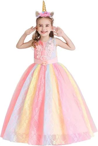 Vista 22 de Vestido de tul de unicornio arcoíris para niñas, vestido de princesa para cumpleaños, Halloween, Navidad, concurso de baile, fiesta de baile