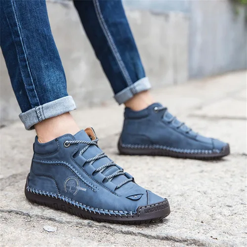 Vista 5 de Dacomfy Zapatos casuales para hombre, botas chukka de piel sintética, con costuras a mano, zapatos de moda, cómodos, zapatos planos para caminar