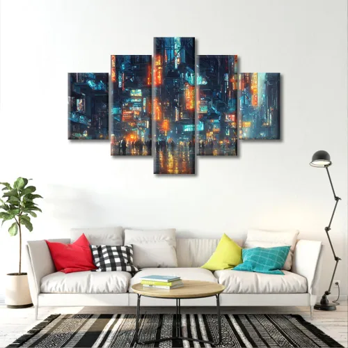 Vista 296 de Cuadros de 5 paneles de Cyberpunk City, arte de pared, representación de vallas publicitarias, edificios modernos en la capital con obras de arte
