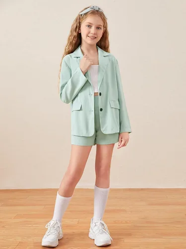 Vista 4 de WDIRARA Conjunto de 2 piezas para niña con chaqueta de manga larga con botones en la parte delantera y pantalones cortos