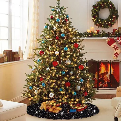 Vista 2 de FANPROMS Falda de Árbol de Navidad Negra de 21 Pulgadas Falda de Árbol de Lentejuelas Única de Terciopelo Faldas Mini de Árbol para Árboles