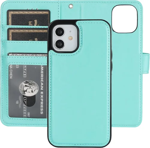 Vista 10 de Bocasal Funda tipo cartera compatible con iPhone 12 e iPhone 12 Pro con soporte para tarjetas de cuero PU magnética desmontable con soporte plegable