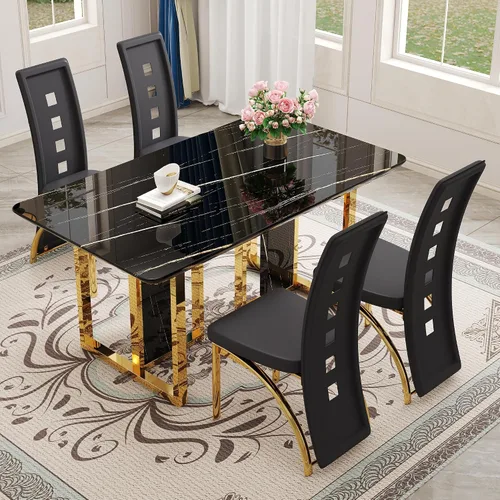 Vista 14 de Juego de mesa de comedor de mármol blanco de 63" para 6 Sillas negras 1