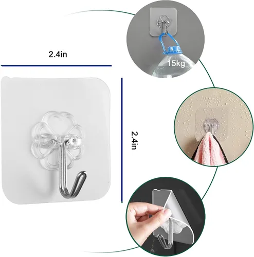 Vista 2 de Ganchos adhesivos para colgar, ganchos de pared resistentes, ganchos transparentes autoadhesivos, ganchos impermeables para toallas y abrigos