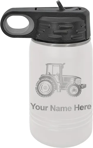 Vista 9 de LaserGram Botella de agua personalizada, tractor agrícola, acero inoxidable de doble pared aislada al vacío con popote superior, regalo grabado