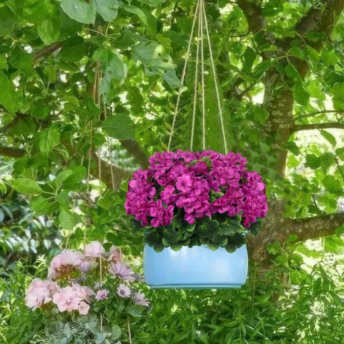 Vista 6 de 2 piezas de geranios artificiales para exteriores, flores de cementerio de seda, color fucsia, geranios para macetero, jardín, patio, tumba, jarrón