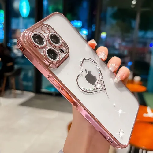 Vista 2 de Bling Glitter Heart compatible con 15 Pro Max, bonito protector de cámara brillante para mujer, diseño de funda de teléfono chapada en oro femenino