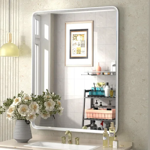 Vista 22 de Espejo rectangular con marco mate negro de 20x30 pulgadas para baño, espejo de tocador para pared de baño con esquinas redondeadas, antióxido y a