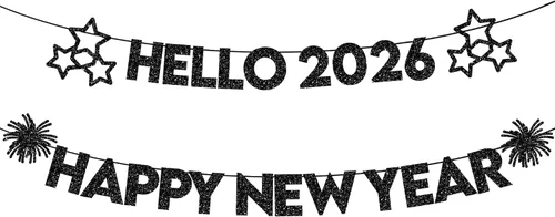 Vista 9 de KatchOn, Cartel de feliz año nuevo con purpurina negra – 10 pies, sin bricolaje Cartel negro de feliz año nuevo Suministros para fiesta de Año