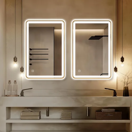 Vista 2 de Espejo de baño LED dorado, retroiluminado de 36 x 24 pulgadas y espejo de tocador frontal Espejo rectangular iluminado con 3 colores, regulable