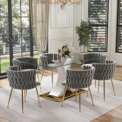 Vista 26 de Juego de comedor moderno de vidrio de lujo de 5 piezas, juego de cena rectangular minimalista grande para 4, juego de mesa de cocina de vidrio