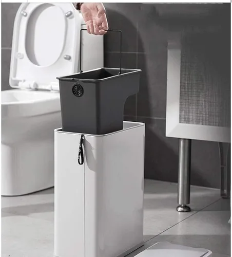 Vista 6 de Botes de basura de acero inoxidable de apertura automática, capacidad de 1.8 galones, trae tu propio soporte de pañuelos, cesta de basura para Blanco