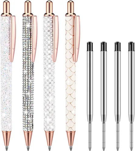 Vista 8 de Ireer 4 bolígrafos brillantes de diamantes de imitación para mujer, bolígrafo de tinta de metal con purpurina de cristal con 4 recambios de 0.039