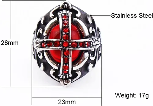 Vista 2 de Anillos de cruz góticos para hombre, estilo tallado de flores antiguas, anillo de piedra rubí, anillos de acero inoxidable 316, joyería helada