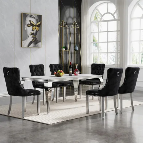 Vista 60 de HomVent Juego de mesa de comedor moderna de mármol sintético para 4 personas, mesa de cocina rectangular con 4 sillas beige (dorado)